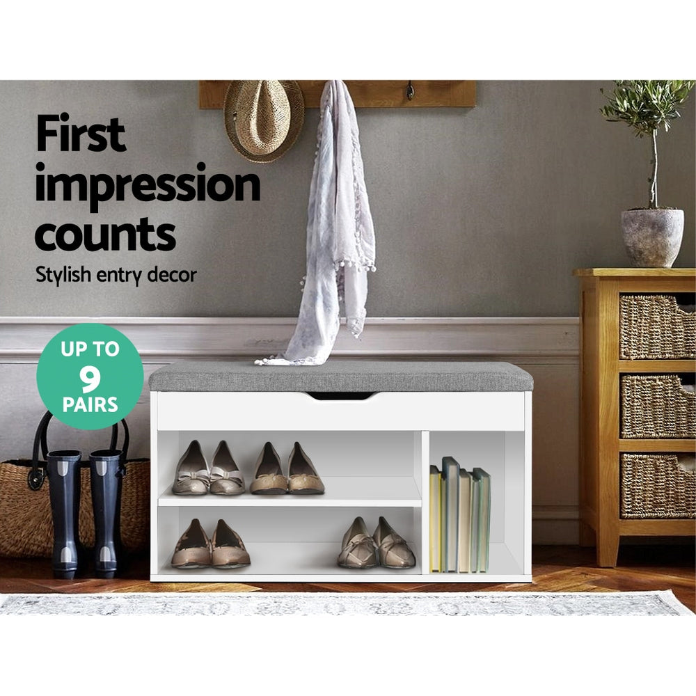 White shoe bench in hallway with shoes on lower shelves books in tall nook first impression counts up to 9 pairs badge