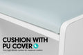 Close-up of light blue PU leather cushion corner on white shoe bench with cushion with PU cover text