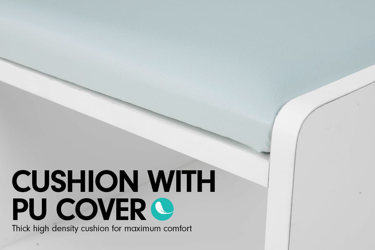 Close-up of light blue PU leather cushion corner on white shoe bench with cushion with PU cover text