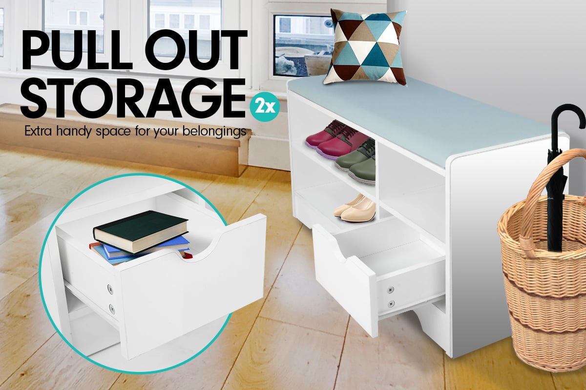 White shoe bench with pull-out drawer open holding books, shoes on upper shelf, wicker basket nearby