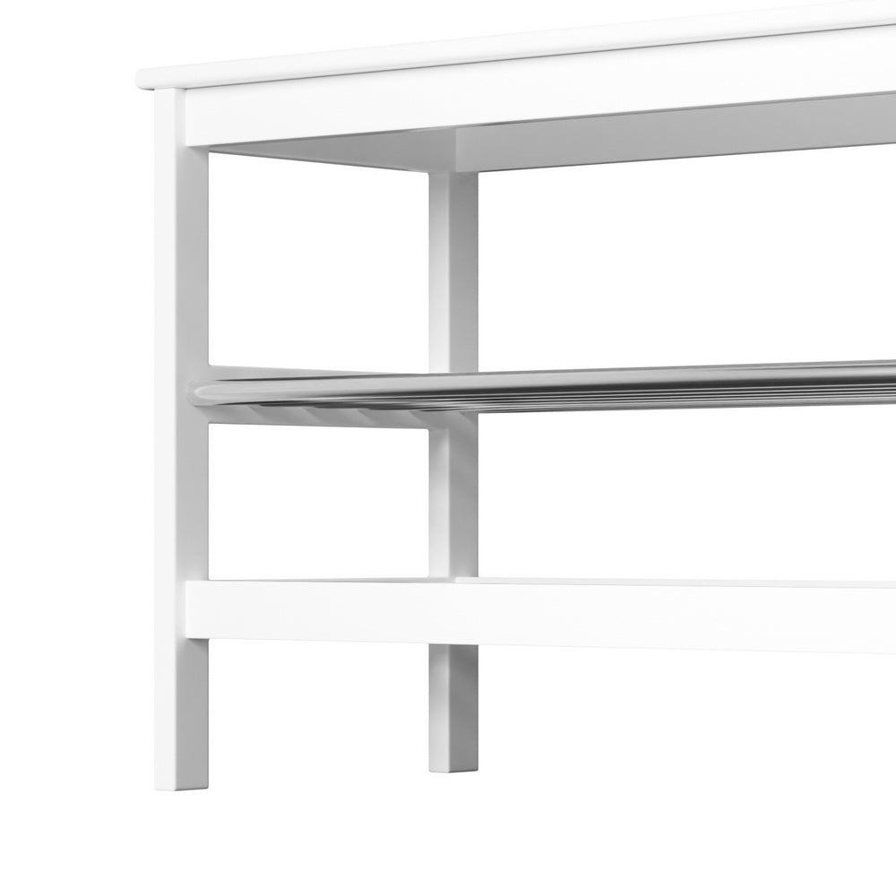 Close-up of white bamboo shoe bench corner showing wood frame edge and metal slatted shelf above
