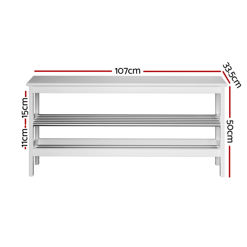 White shoe bench dimensions diagram: 107cm wide, 50cm tall, 33.5cm depth with two slatted shelves
