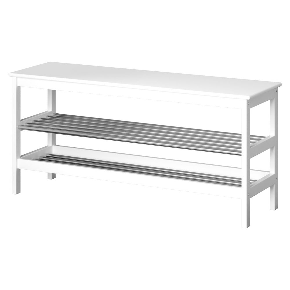 White bamboo shoe storage bench with two stainless steel slatted shelves and square legs, front view