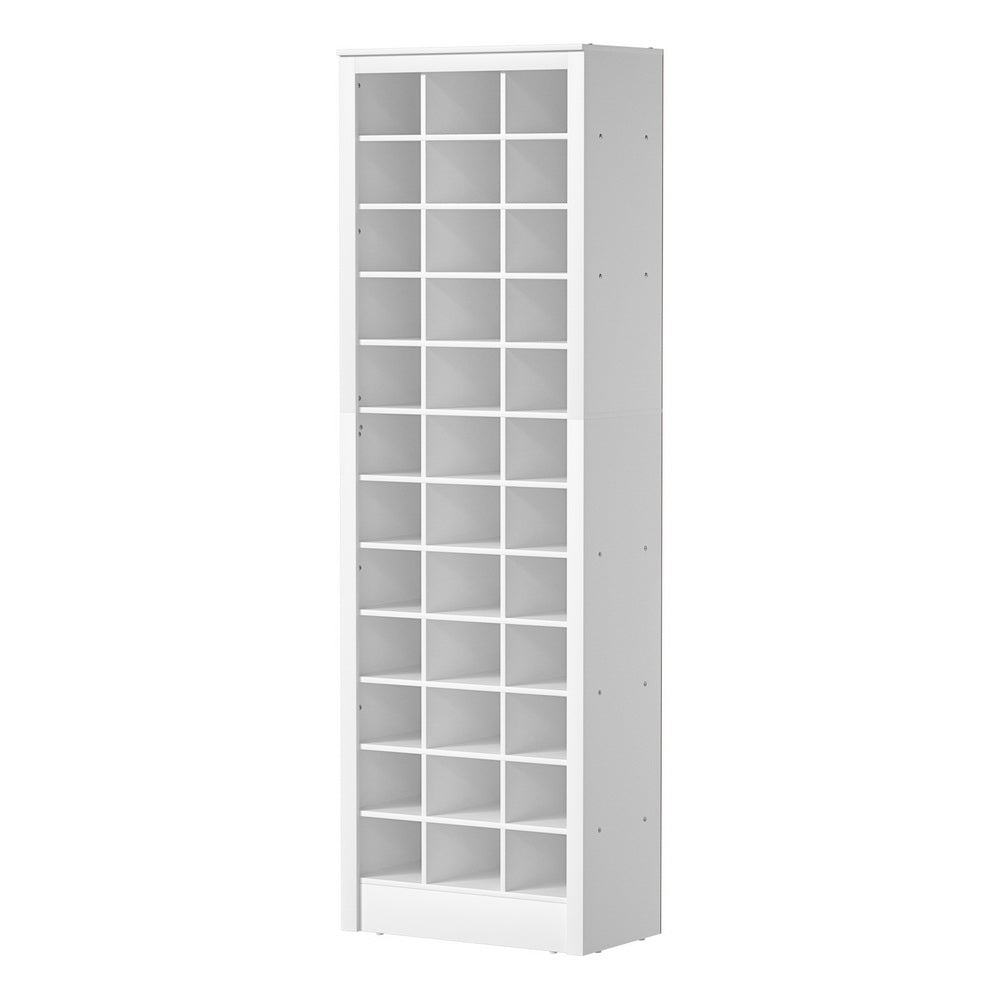 White 24-pair shoe cabinet angle view showing open slatted shelves on white background