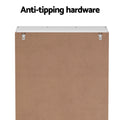 Anti-tipping hardware label for shoe cabinet with wall bracket close-up detail