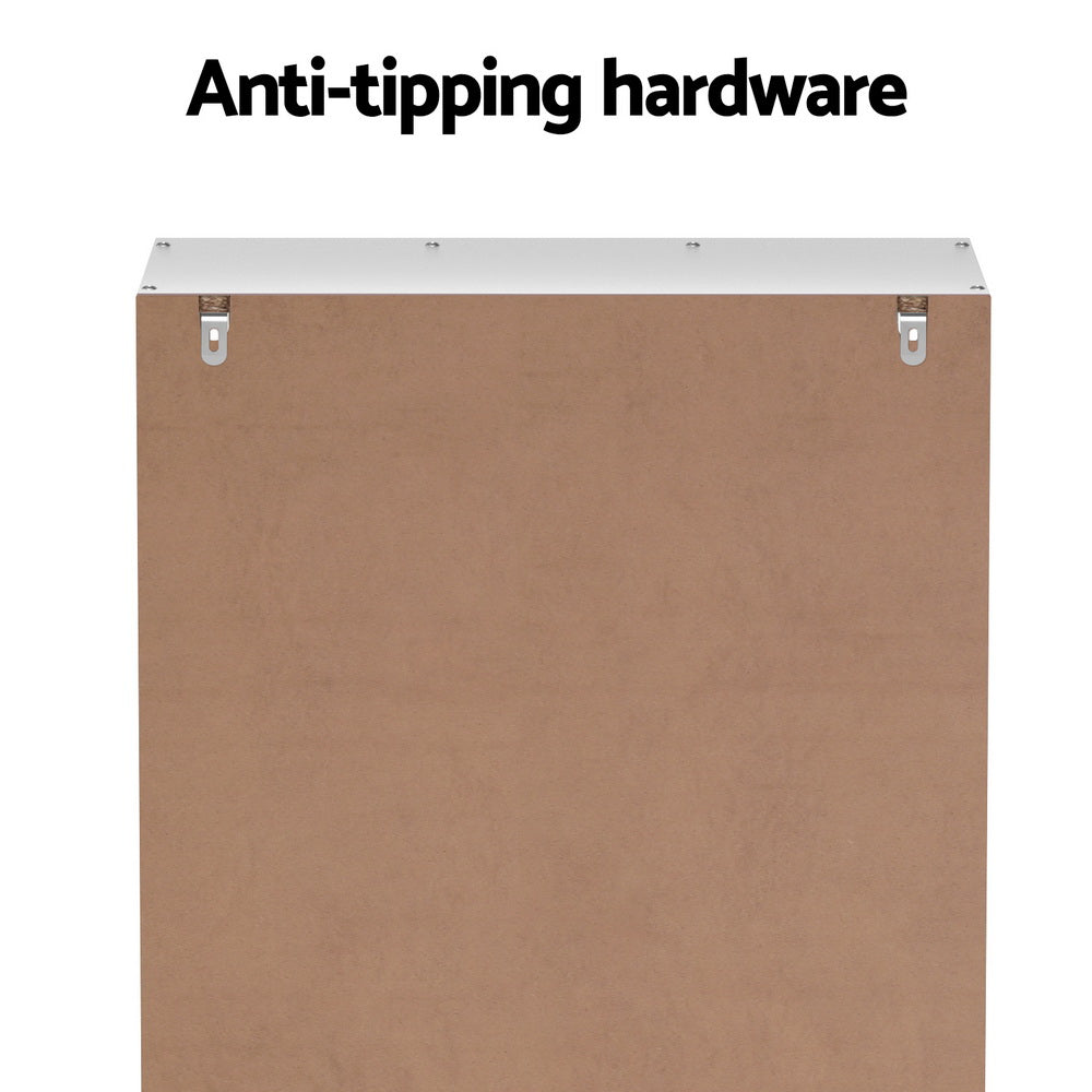 Anti-tipping hardware label for shoe cabinet with wall bracket close-up detail