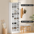 White 24-pair shoe cabinet loaded with shoes showing 20KG top and 3KG per shelf capacity