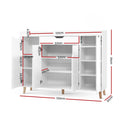 White shoe cabinet dimensions 120cm wide 91cm tall 32cm deep with three doors open showing adjustable shelves and drawer