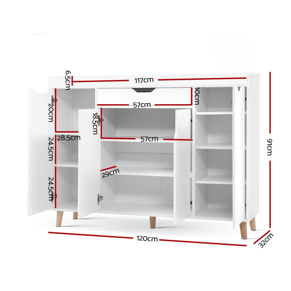 White shoe cabinet dimensions 120cm wide 91cm tall 32cm deep with three doors open showing adjustable shelves and drawer