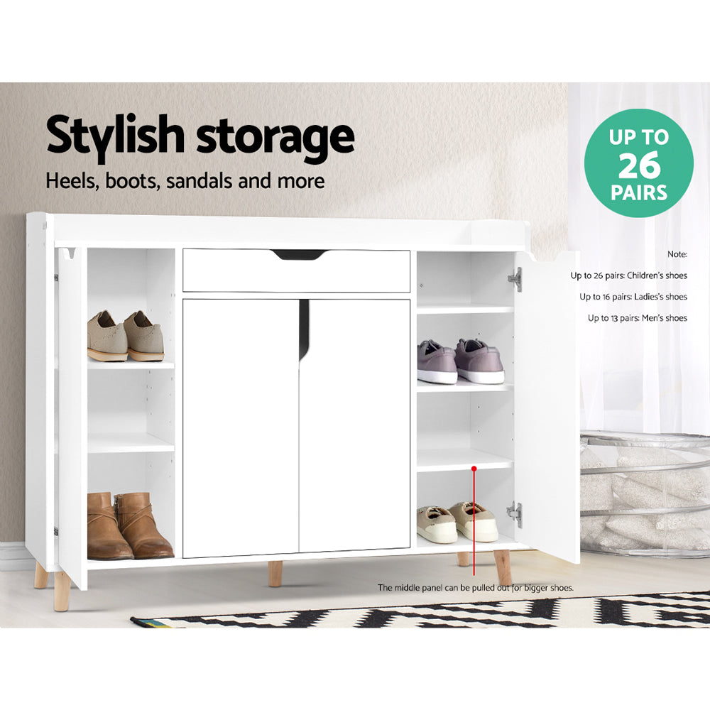 White shoe cabinet outer doors open with grey sneakers and ankle boots on shelves stylish storage up to 26 pairs badge