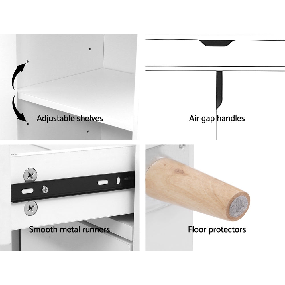 White shoe cabinet features adjustable shelves black air gap handles smooth metal runners and wood cone leg floor protectors