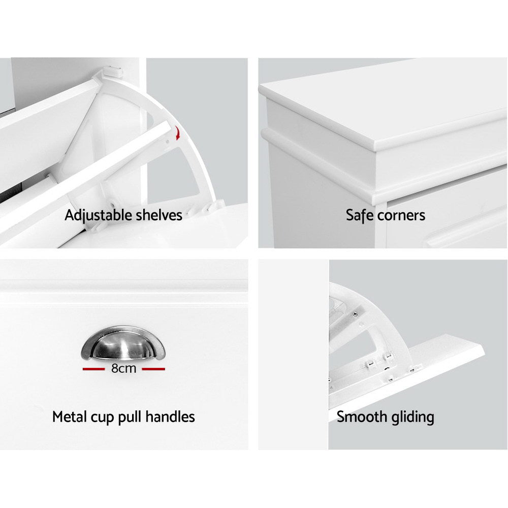 White shoe cabinet features adjustable flip-out shelves safe corners 8cm metal cup pull handle and smooth gliding mechanism