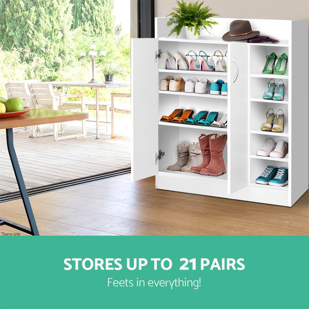 White shoe cabinet with doors and side shelves loaded with shoes showing stores up to 21 pairs capacity