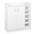 White 2-door shoe cabinet with open side shelving angle view on white background