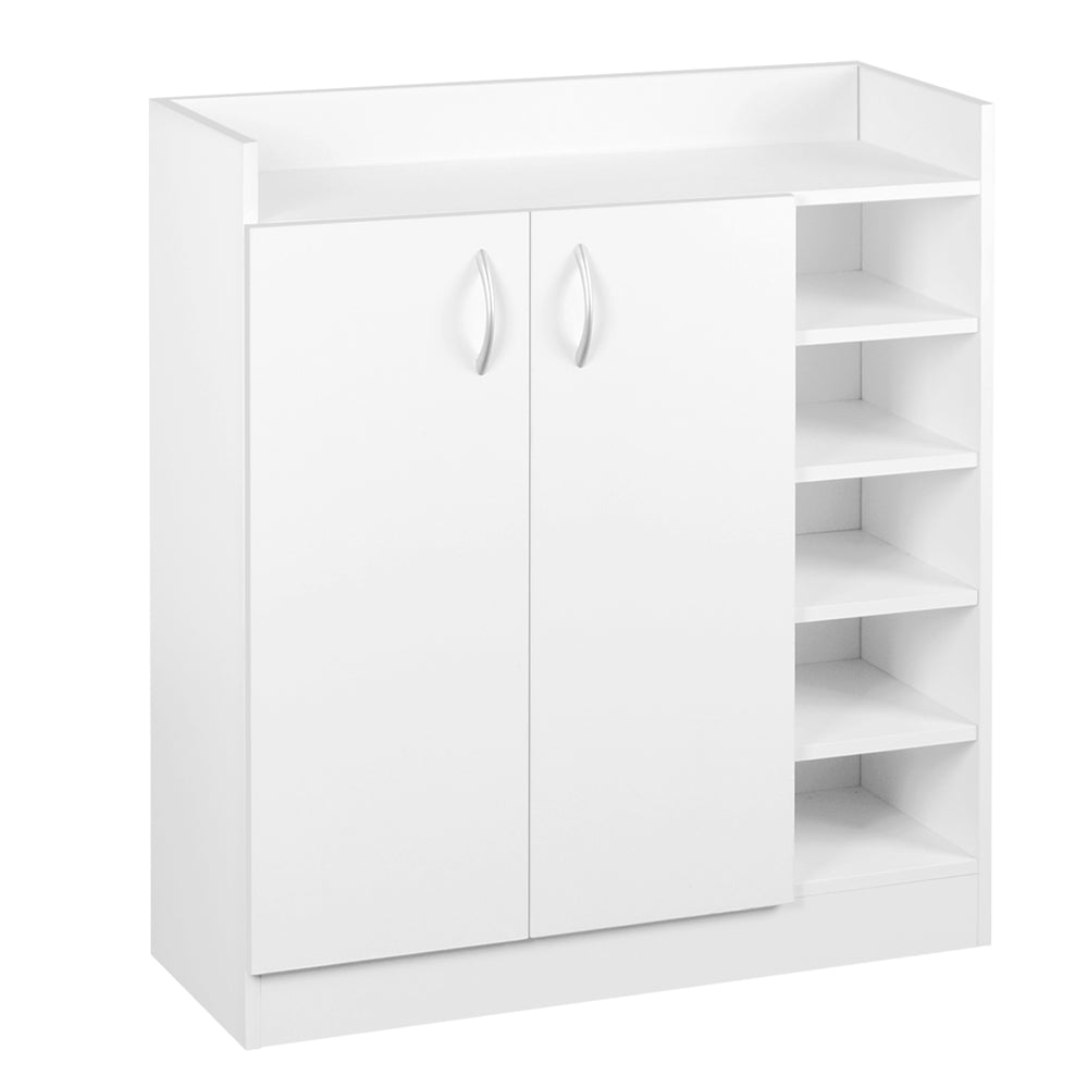 White 2-door shoe cabinet with open side shelving angle view on white background