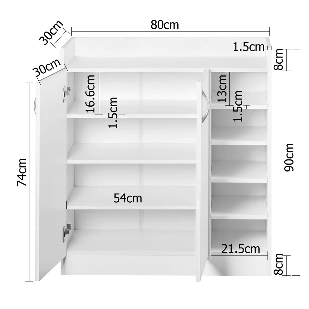 White shoe cabinet with side shelves dimensions 80cm width 90cm height 30cm depth with internal shelf measurements