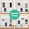 Four-panel infographic showing white shoe cabinet versatile storage configurations for boots and shoes