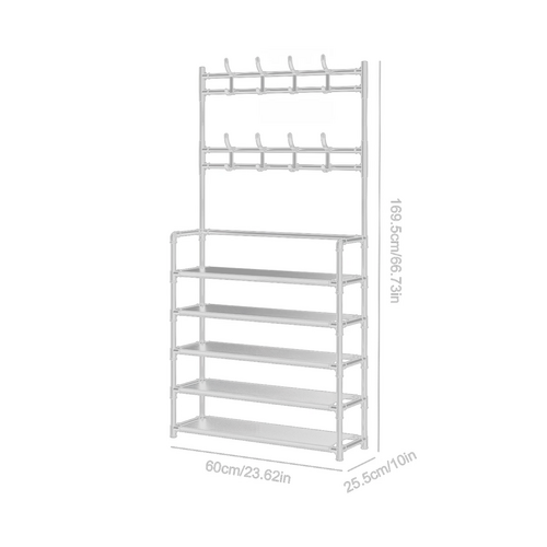 White shoe and hat stand dimensions diagram showing 169.5cm height 60cm width and 25.5cm depth