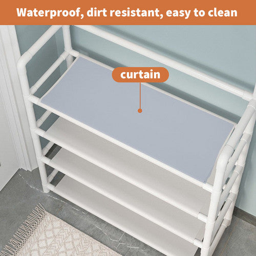 Close-up of white shoe hat stand shelf showing waterproof grey liner curtain with easy to clean text