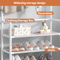 White shoe hat stand feature infographic showing widening shelves with storage box decoration and shoes callout labels