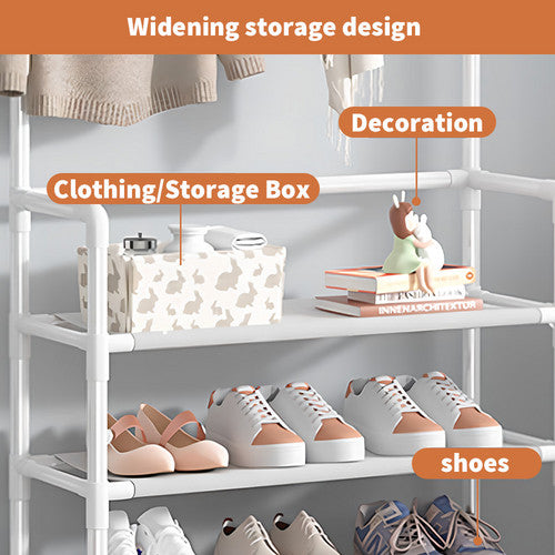 White shoe hat stand feature infographic showing widening shelves with storage box decoration and shoes callout labels