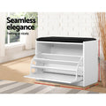 White shoe storage bench angled view shelves empty deployed in room with brick wall dimensions 63x30x48cm