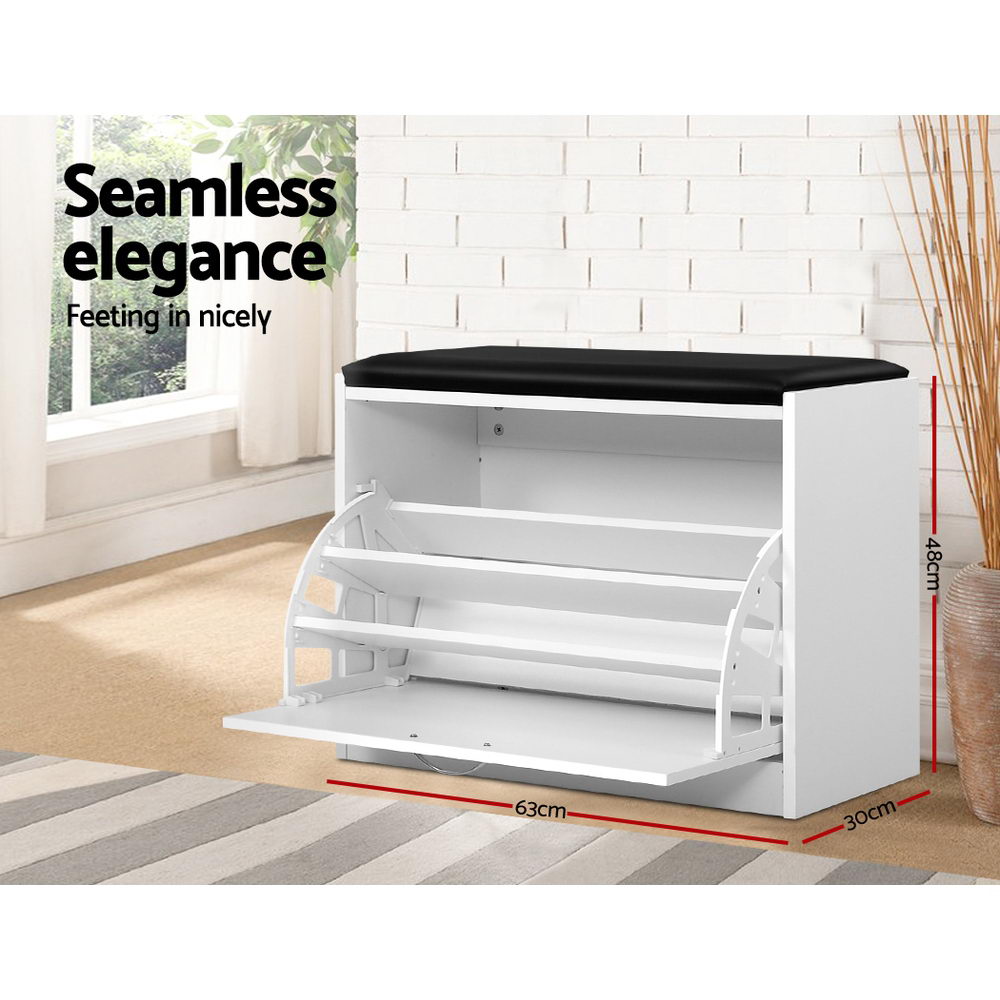 White shoe storage bench angled view shelves empty deployed in room with brick wall dimensions 63x30x48cm