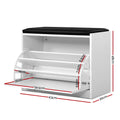 White shoe storage bench dimension diagram 63cm wide 30cm deep 48cm tall shelf spacings 8.5 7.5 9.5cm