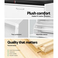 White shoe storage bench feature detail showing PU cushion 3cm thick floor protectors adjustable shelves particle board