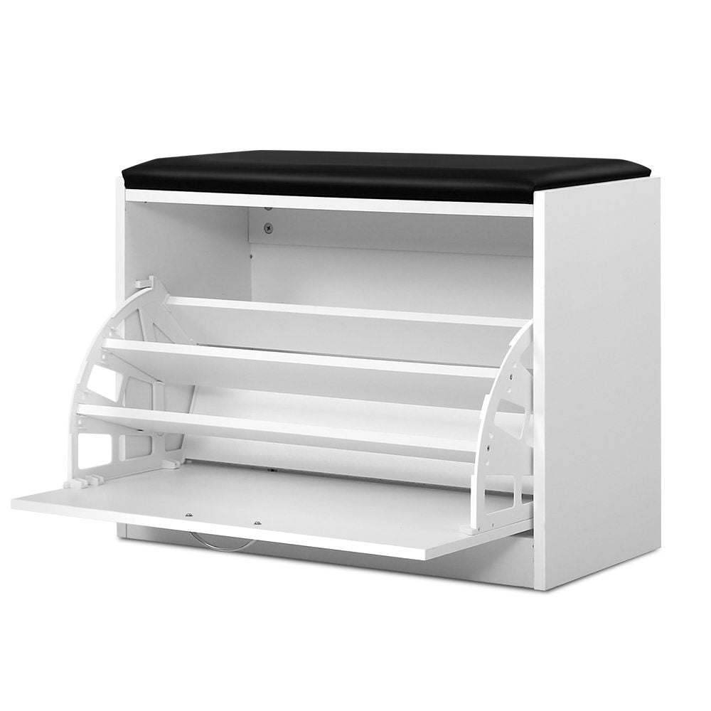 White shoe storage bench black PU cushion top three empty tilting shelves deployed on white background
