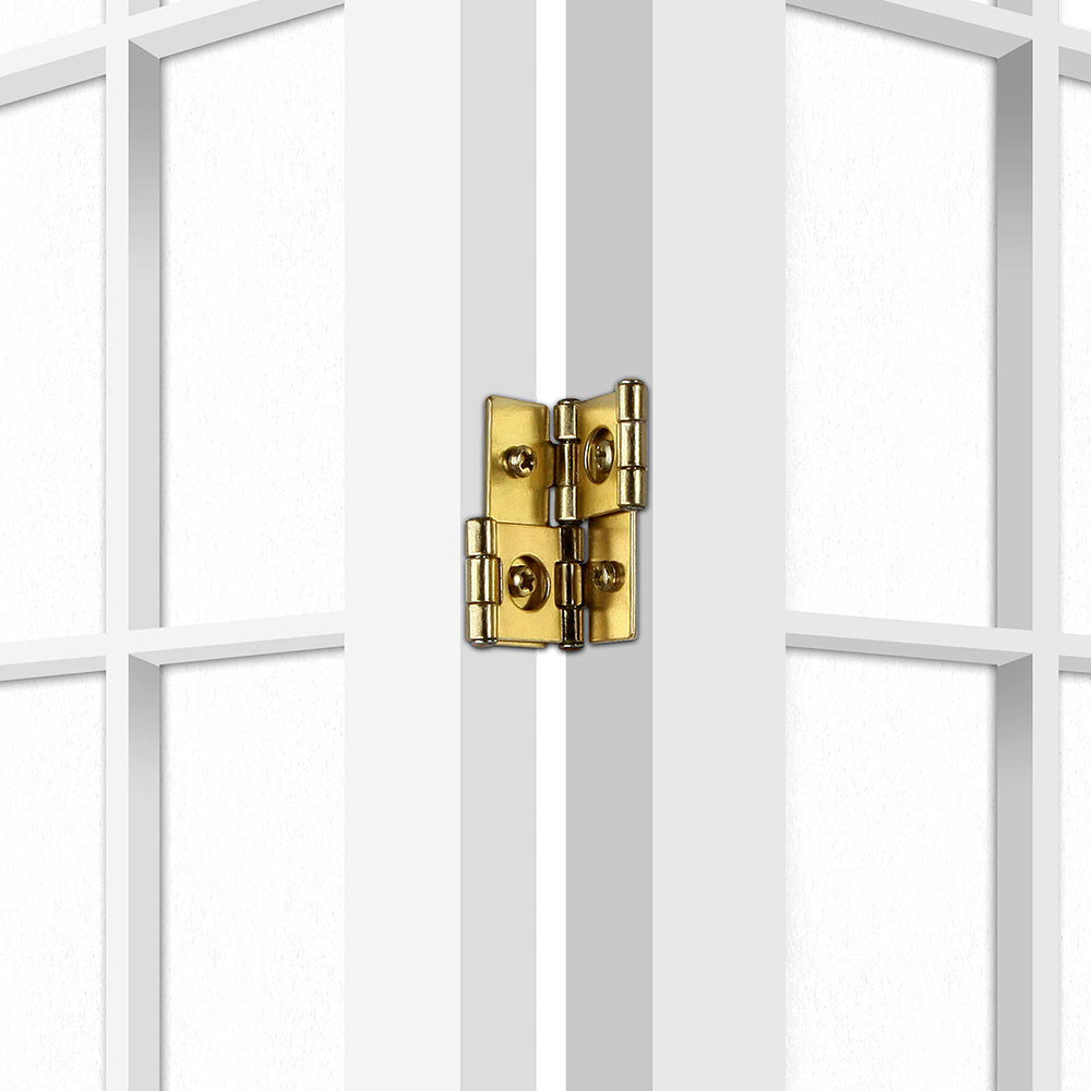 White standard square grid shoji room divider gold brass two-way metal hinge close-up on white wood frame
