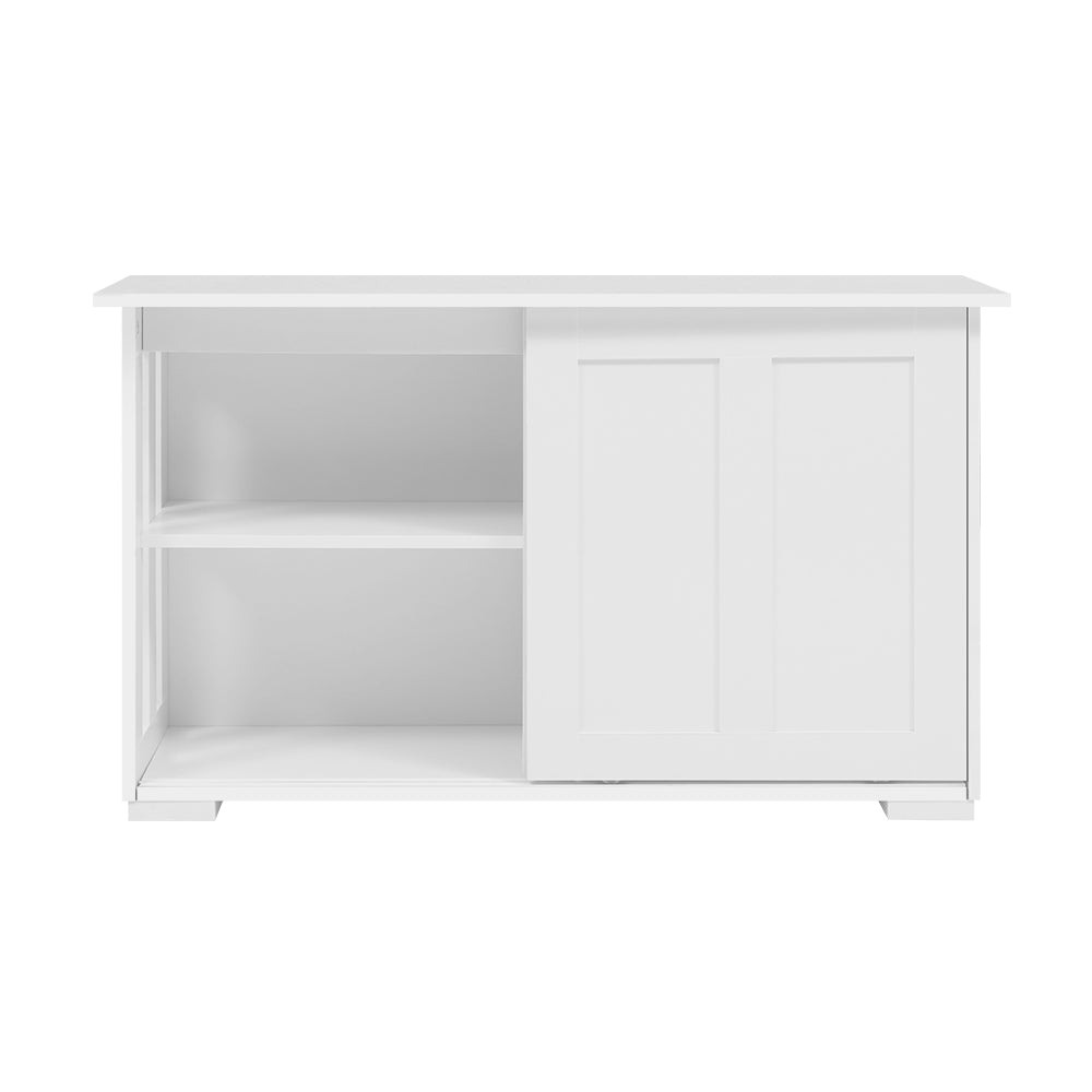 White sideboard with sliding door pulled right, exposing two open shelves on left side, front view on white background