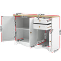 White sideboard with doors and drawers open, dimensions: 110cm wide, 37cm deep, 78cm tall, left cabinet 69cm wide