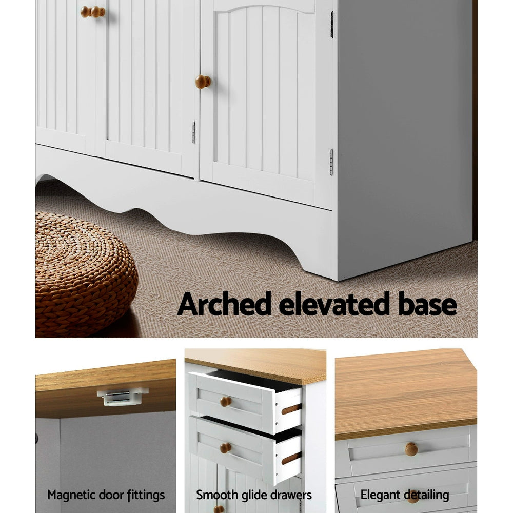 White sideboard features: arched scalloped base, magnetic door fittings, smooth-glide drawers, elegant oak top detail