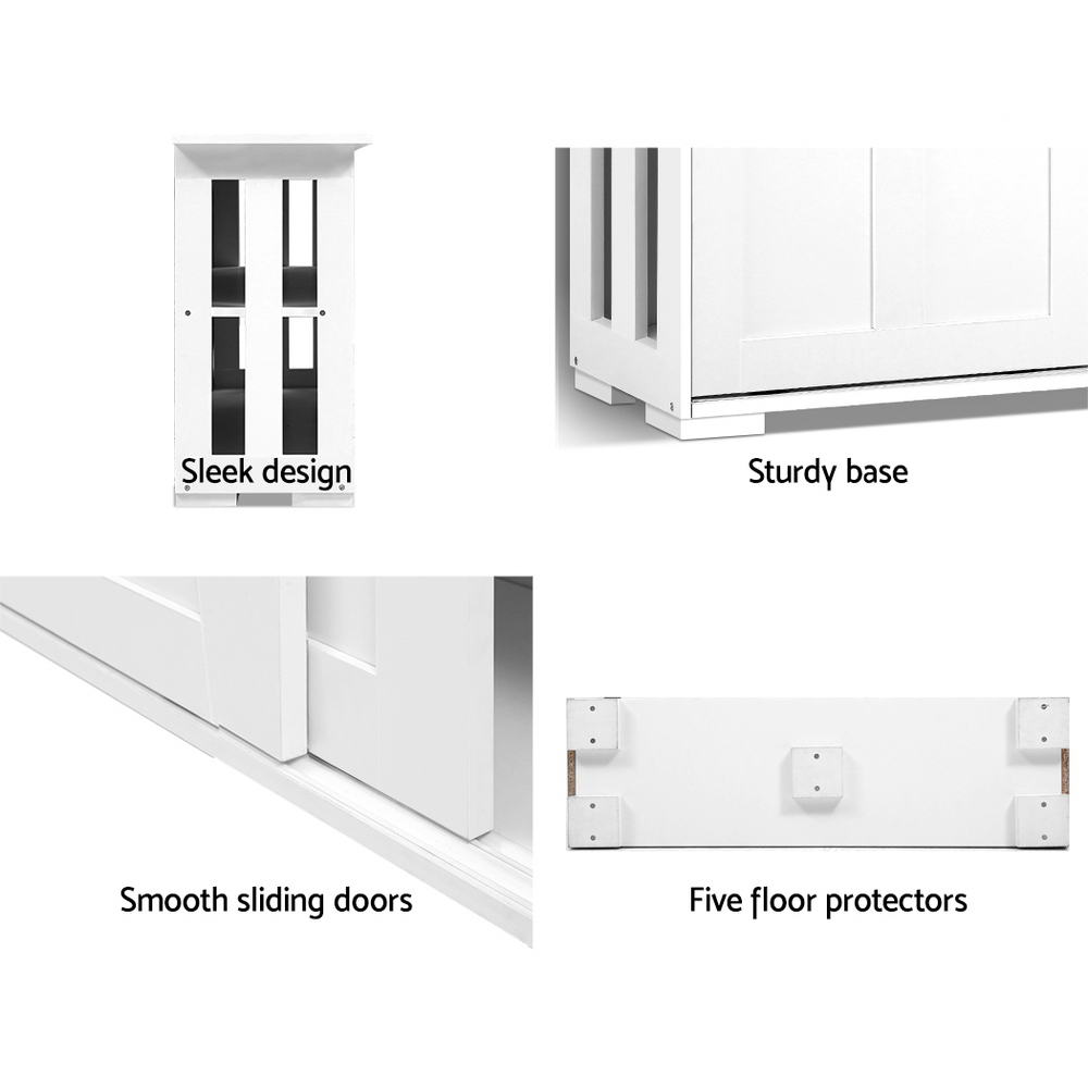 White sideboard four-panel feature detail: sleek side design, sturdy base, smooth sliding door track, five floor protectors