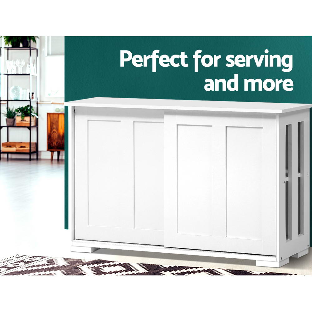 White sideboard with sliding panel doors in living room setting; text: perfect for serving and more