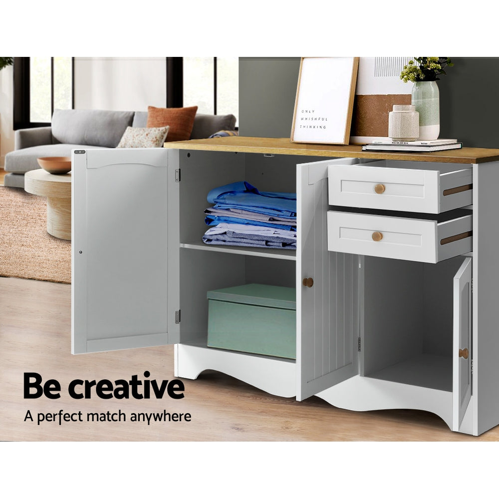 White sideboard left door open showing folded clothing in room; text: be creative, a perfect match anywhere