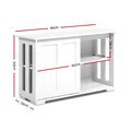 White sideboard with sliding doors and open shelves, dimensions: 99cm wide, 33cm deep, 63cm tall, 90cm interior