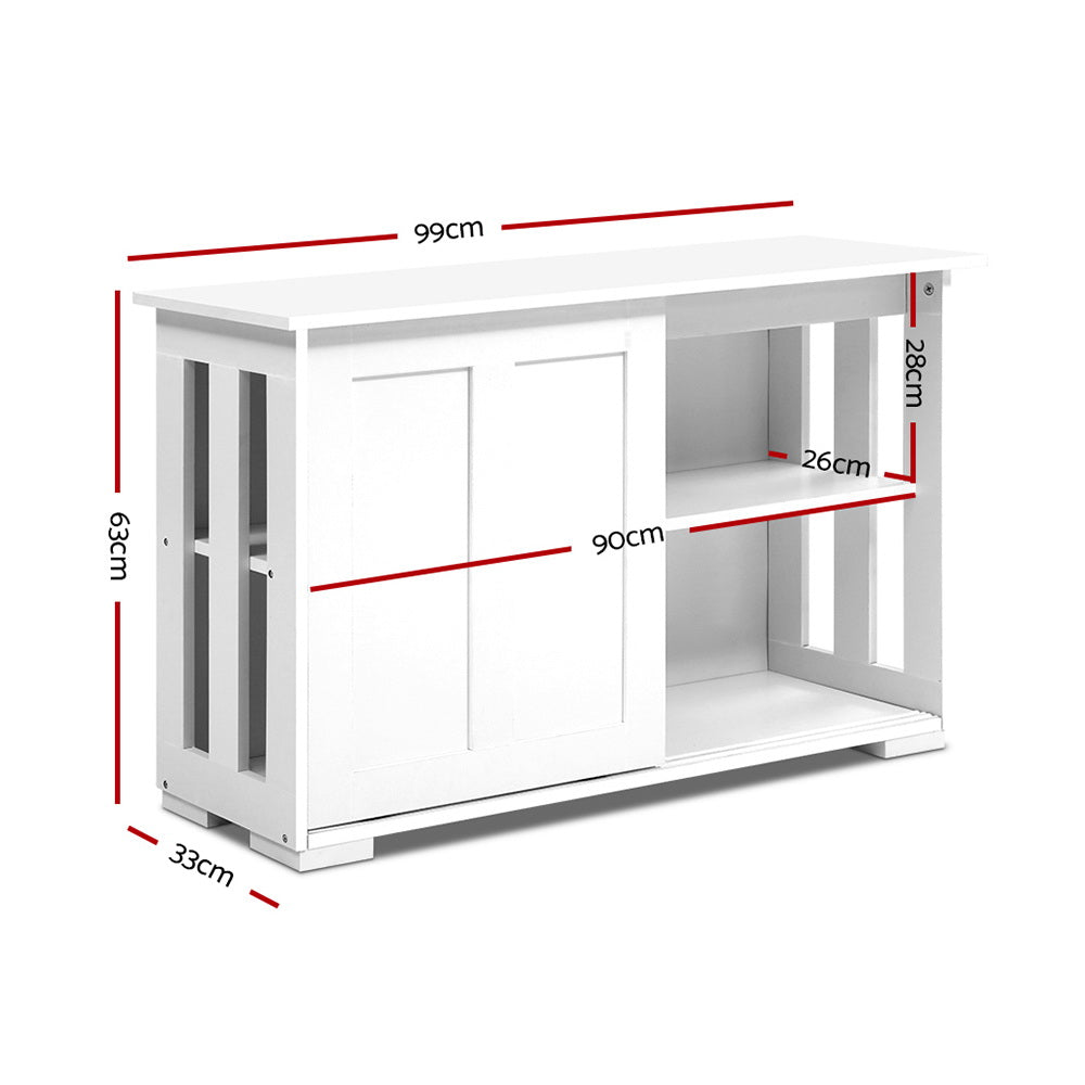 White sideboard with sliding doors and open shelves, dimensions: 99cm wide, 33cm deep, 63cm tall, 90cm interior