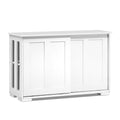 White wooden sideboard with two sliding panel doors and slatted sides, three-quarter angle view on white background