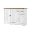 White sideboard with two bead-panel doors on left, two drawers and one cabinet on right, oak top, three-quarter angle view