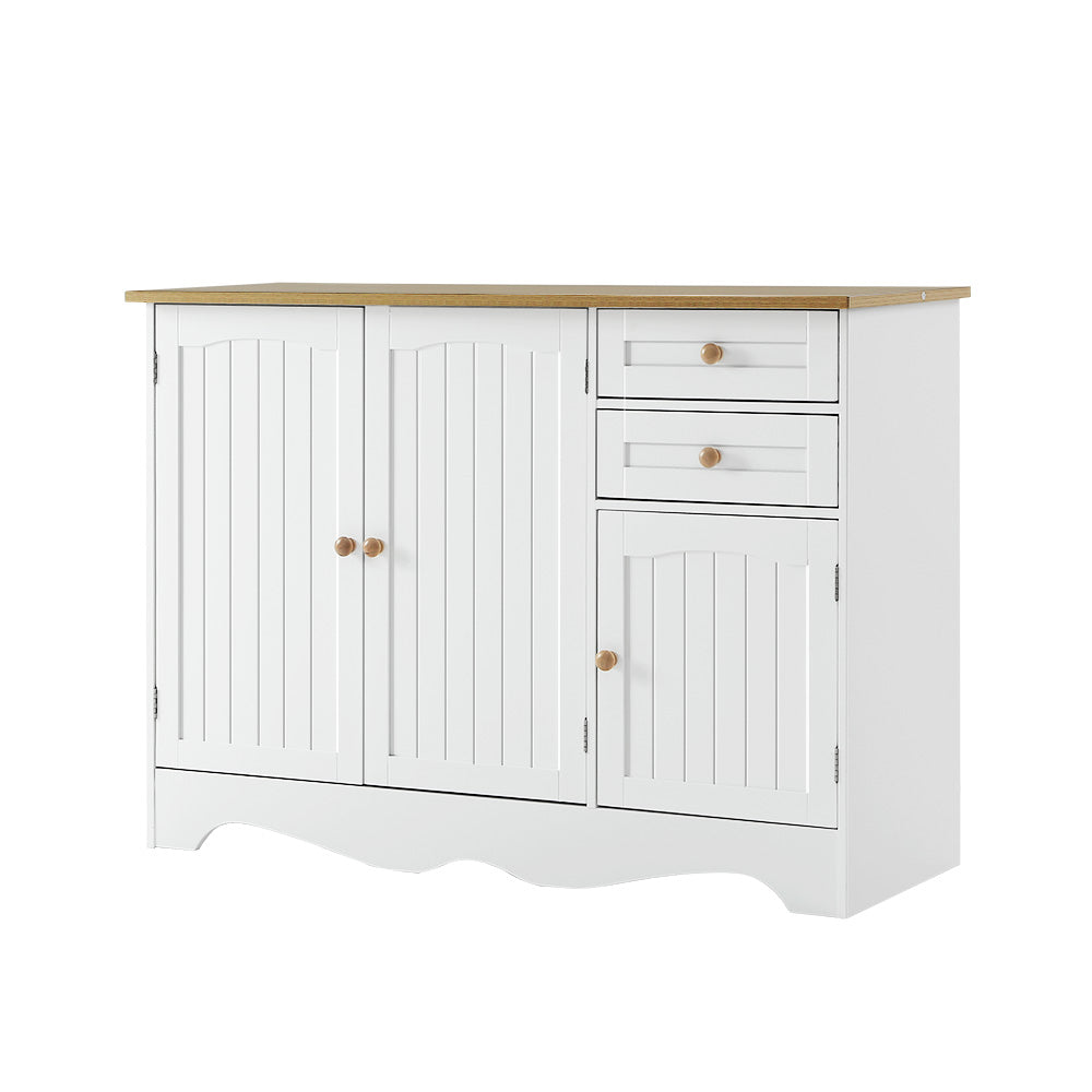 White sideboard with two bead-panel doors on left, two drawers and one cabinet on right, oak top, three-quarter angle view