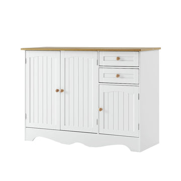 White sideboard with two bead-panel doors on left, two drawers and one cabinet on right, oak top, three-quarter angle view