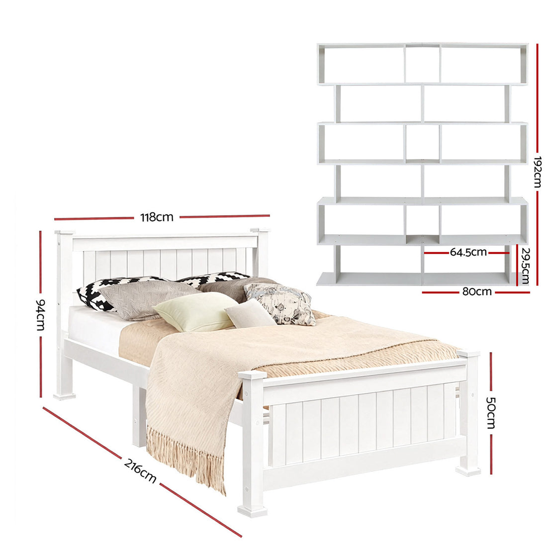 White single bed frame with panel headboard and footboard beside white zigzag bookshelf, on white background