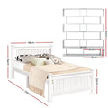 White single bed frame dimensions showing 118cm width, 216cm length, 94cm headboard, with bookshelf dimensions 192cm by 80cm