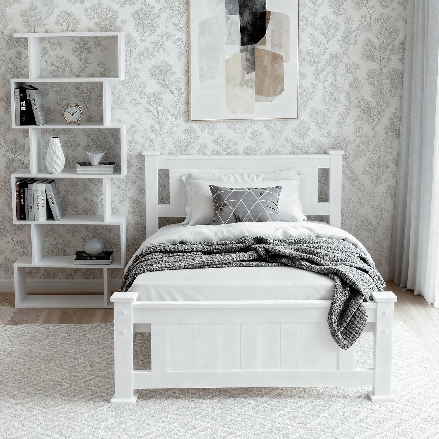 White single bed frame with panel headboard in bedroom lifestyle setting with grey throw blanket and asymmetric bookshelf