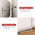 White TV unit 160cm cable management holes on back panel and full-floor plinth base detail close-up
