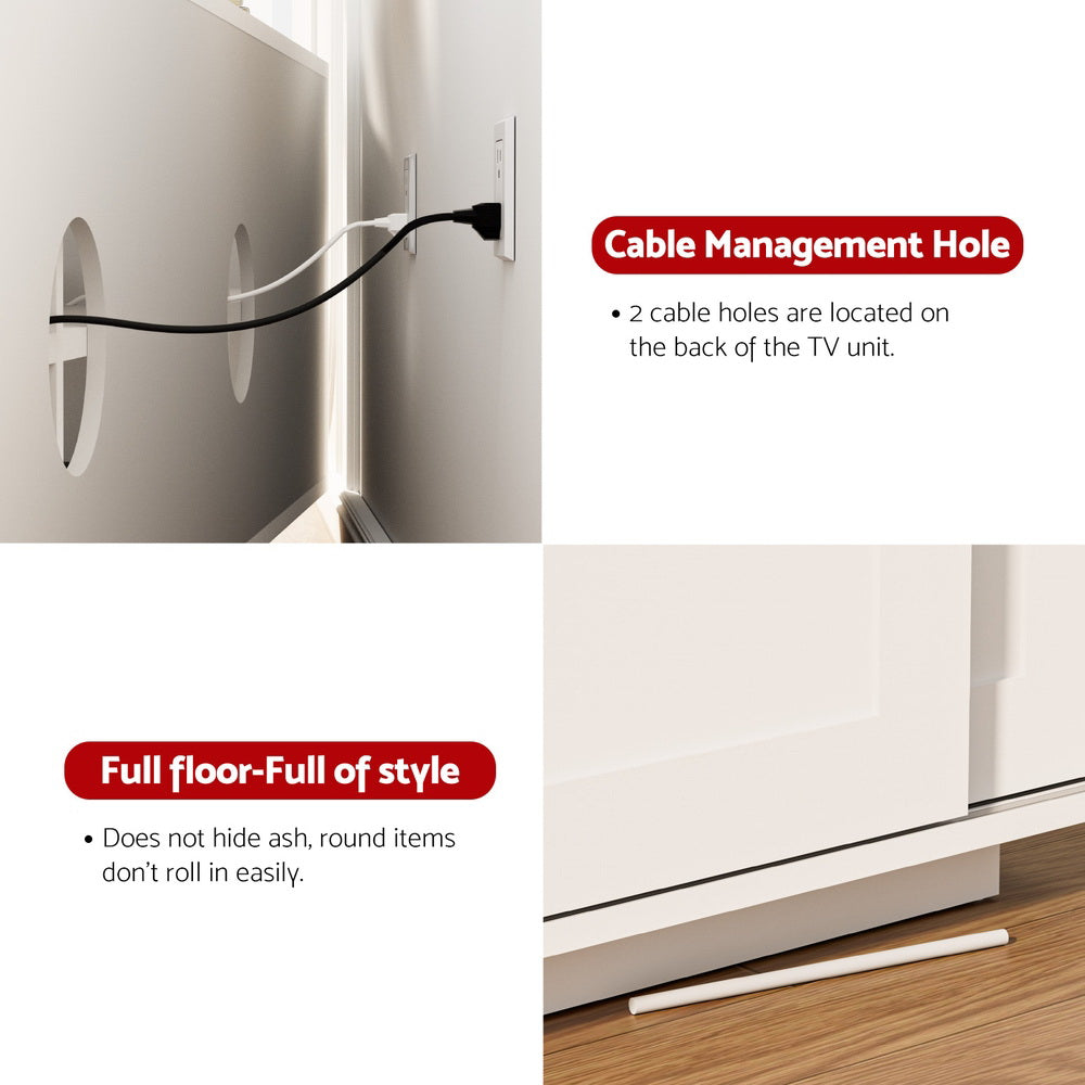 White TV unit 160cm cable management holes on back panel and full-floor plinth base detail close-up