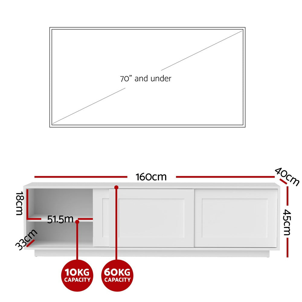 White TV unit 160cm sliding doors dimension diagram 160x40x45cm 10kg shelf 60kg top 51.5cm open bay 70-inch TV