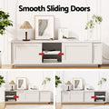 White TV unit 160cm smooth sliding doors feature three-panel infographic showing left center and right sliding positions